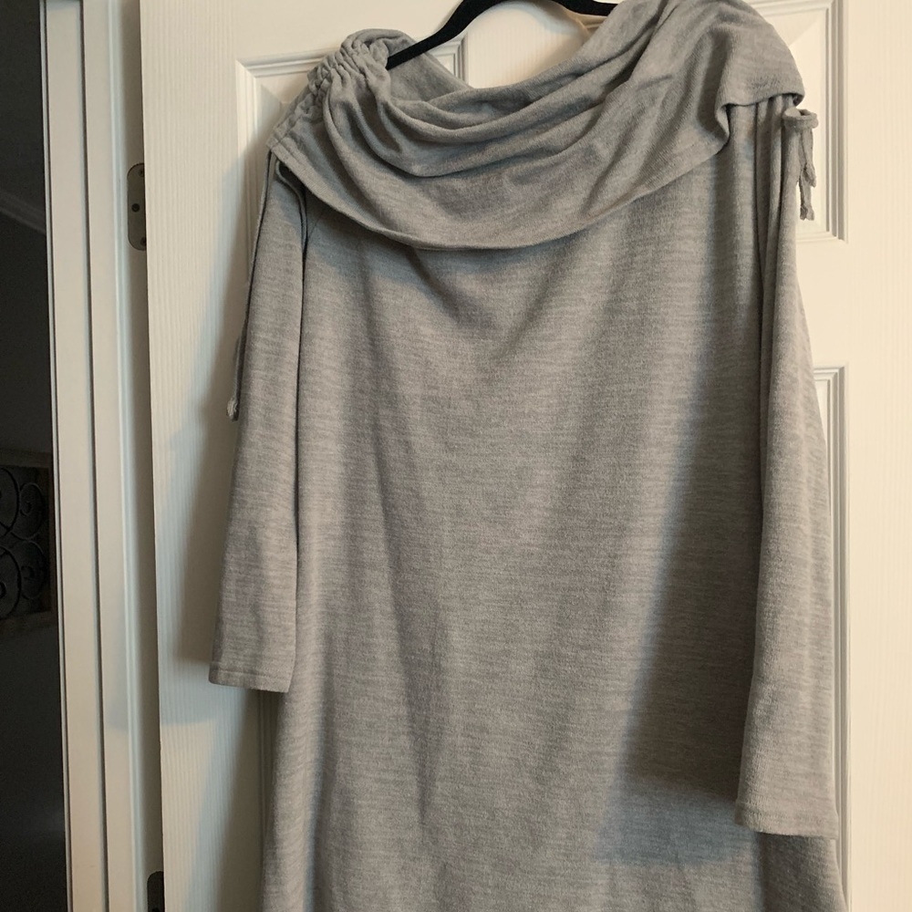 2X Gray Knitted Dress Mini W/cowl neck & shoulder ruching for a different look.
